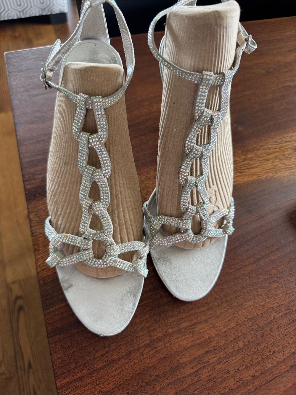 Pelle Moda Silver Crystal T-Strap Chain Heels with Beige Inset